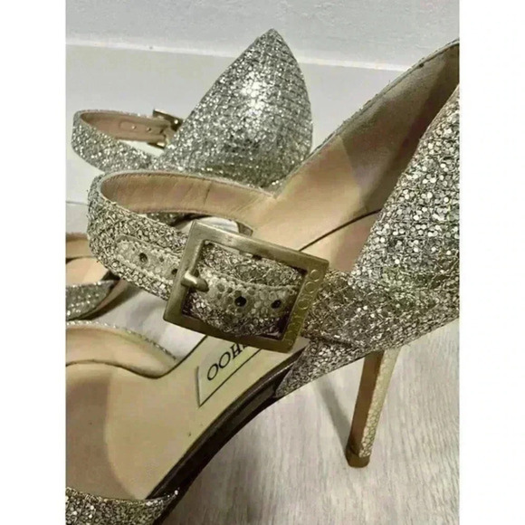 Jimmy Choo Gold Coarse Glitter Peep Toe Ankle Strap‎ Sandals Size 35 1/2 - Picture 13 of 16